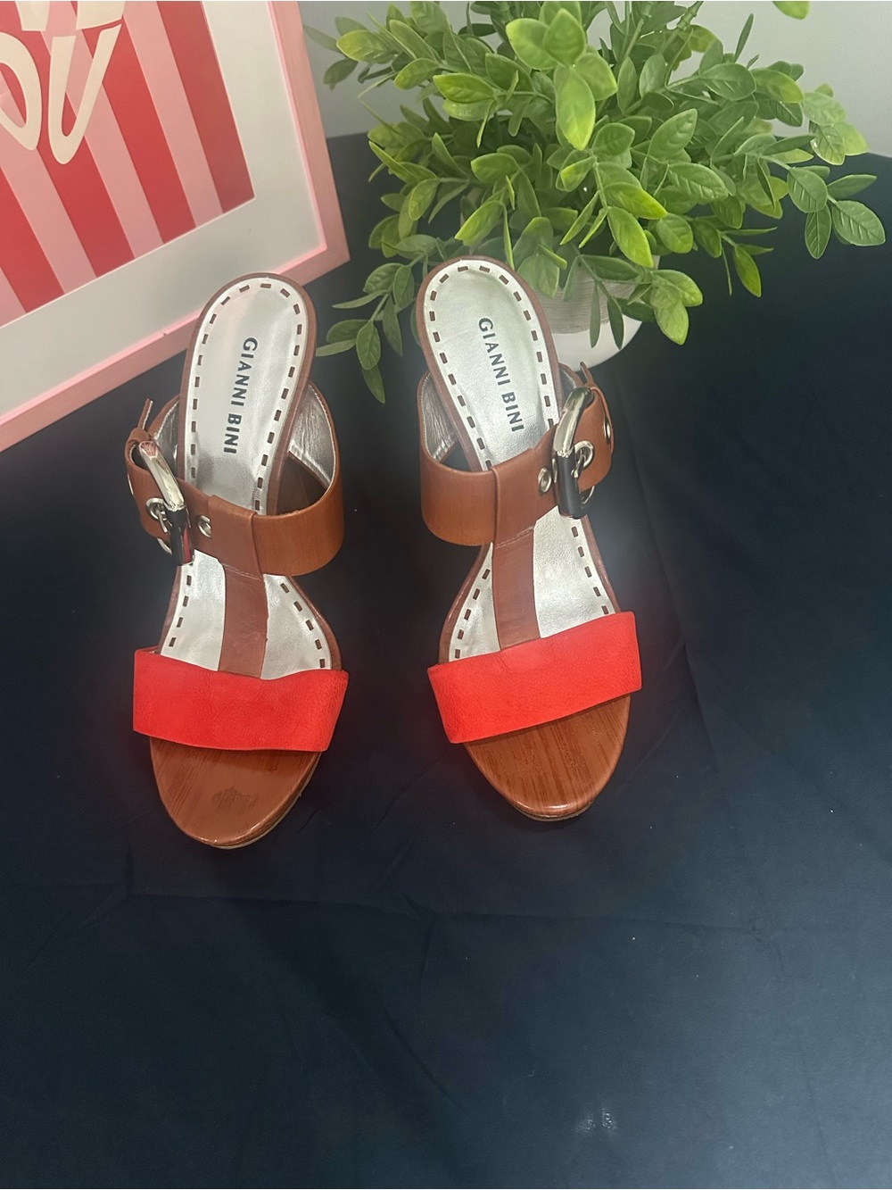 Gianni Bini Red and Brown Strappy Block Heel Sandals with Buckle